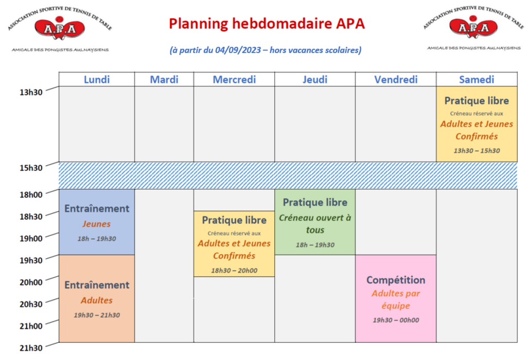 Planning hebdomadaire APA saison 2023-2024