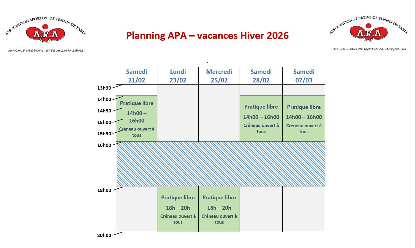 Horaire vacance d'Hiver 2026