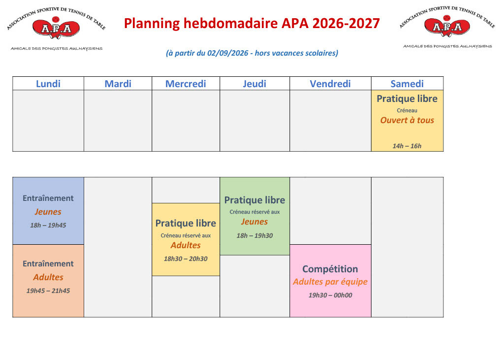 Planning hebdomadaire APA saison 2026-2027