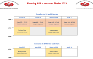 Horaires APA - Vacances de février 2023