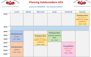 Planning hebdomadaire APA saison 2023-2024