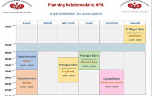 Planning hebdomadaire APA saison 2024-2025