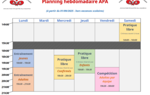 Planning hebdomadaire APA saison 2025-2026