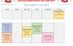 Planning hebdomadaire APA saison 2026-2027