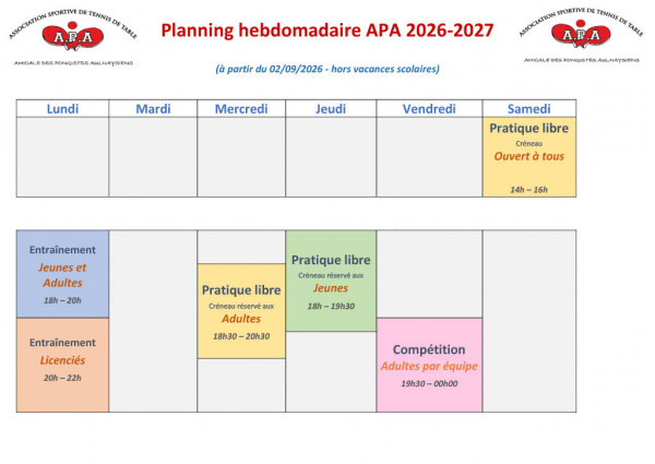 Planning hebdomadaire APA saison 2026-2027