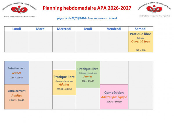 Planning hebdomadaire APA saison 2026-2027