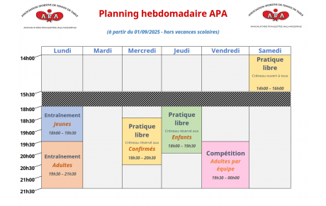 Planning hebdomadaire APA saison 2025-2026