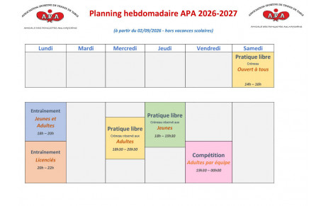 Planning hebdomadaire APA saison 2026-2027